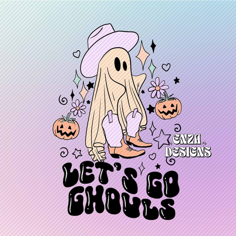 May include: A whimsical illustration features a ghost wearing a cowboy hat and boots, surrounded by stars, flowers, and pumpkins. The phrase "LET'S GO GHOULS" is written in bold, black letters. The design has a pastel gradient background.