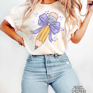 Lavender Bow With Pencil Teacher Png Back To School Design For Sublimation Dtf UVDtf, Trendy Teacher Png Coquette Pencil With Bow Design Png
