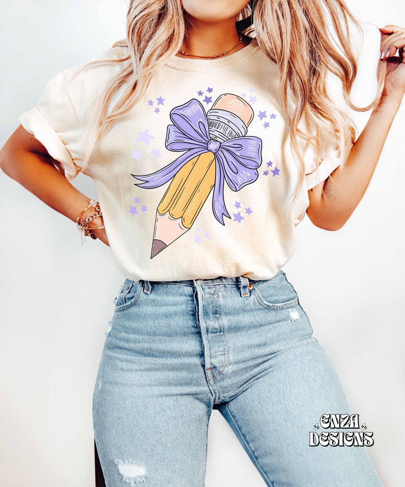 Lavender Bow With Pencil Teacher Png Back To School Design For Sublimation Dtf UVDtf, Trendy Teacher Png Coquette Pencil With Bow Design Png