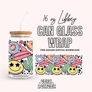 May include: A digital download design for a 16 oz. Libbey can glass wrap. The design features a repeating pattern of pink flamingos, blue and purple inflatable rings, yellow smiley faces with black stars, and green cacti on a white background. The text "Enza Designs" is at the bottom of the design.