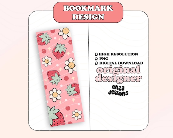 Strawberry Bookmark Design, Trendy Bookmark Png, Cute Printable Bookmark Png File Digital Download, Pink Bookish DIY Printable Bookmark