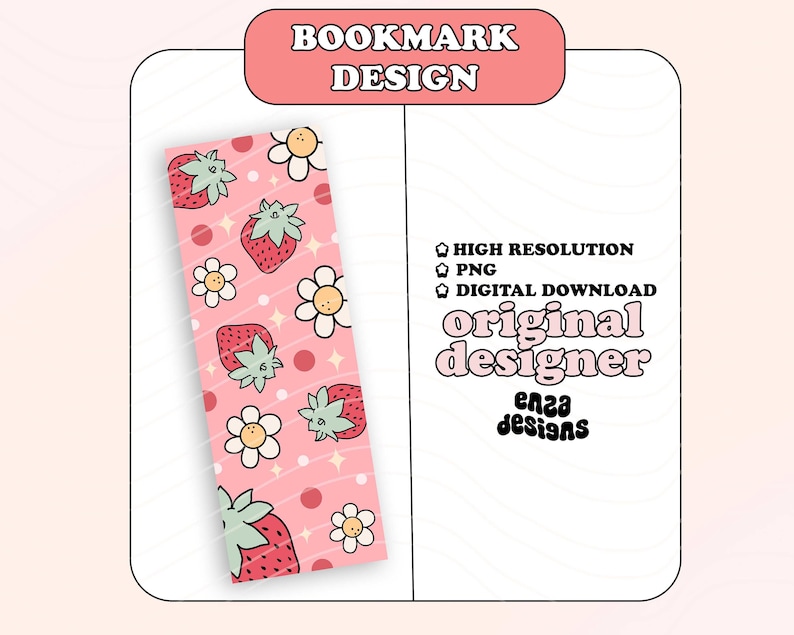 Strawberry Bookmark Design, Trendy Bookmark Png, Cute Printable Bookmark Png File Digital Download, Bookish DIY Printable Bookmark