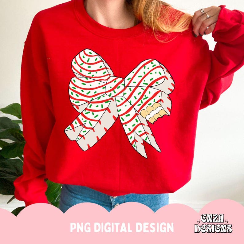May include: A red sweatshirt featuring a large bow design with white, red, and green accents, resembling a candy cane. The bow has a bite taken out of it. The text "PNG DIGITAL DESIGN" is at the bottom.