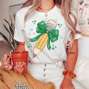 Back To School Teacher Png Design For Sublimation Dtf UVDtf, Trendy Teacher Png Designs For Shirts,  Pencil With Green Bow, Popular Png