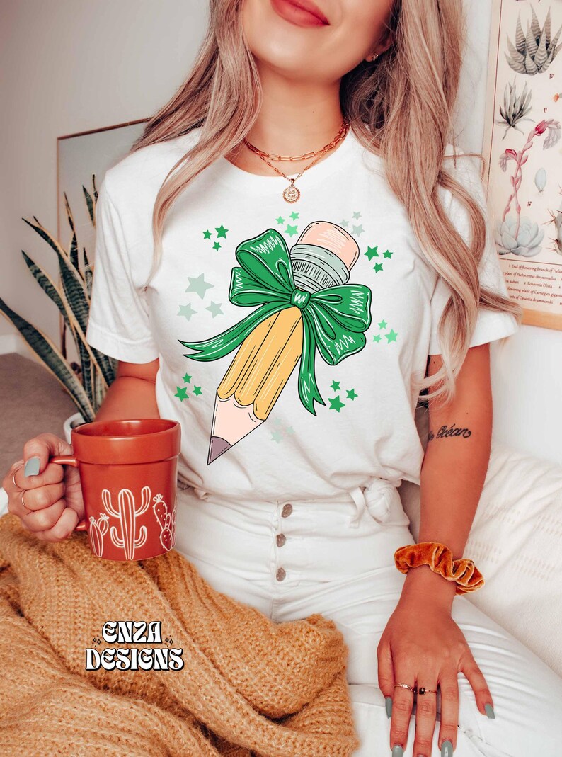 Back To School Teacher Png Design For Sublimation Dtf UVDtf, Trendy Teacher Png Designs For Shirts,  Pencil With Green Bow, Popular Png