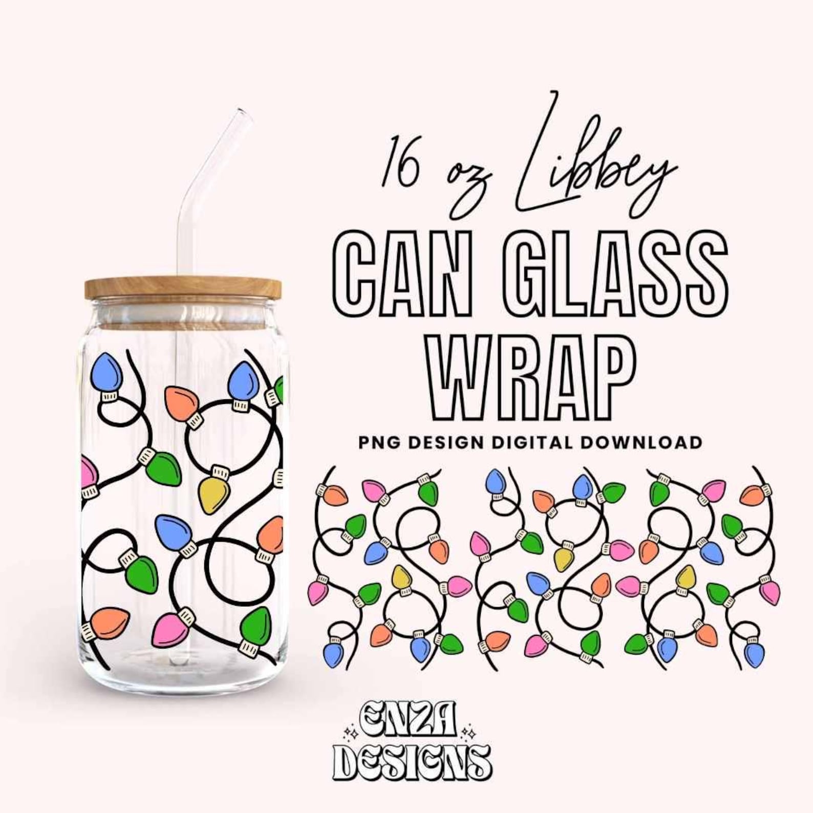 Christmas Lights 16 Oz Libbey Can Glass Wrap Png Digital Download ...