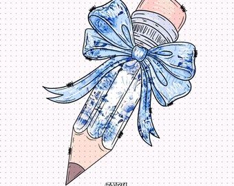 Teacher Pencil Chinoiserie Png Design For Sublimation Dtf UVDtf, Floral Blue Toile Teacher Png Design For Shirts, Spring Chinoiserie Bow Png