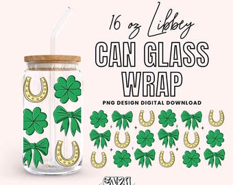 St Patricks 16 oz Libbey Can Glass Wrap Png Download digital, Dia de São Patrício Lata de vidro Png, Coquette Shamrock Cup Png Uv Dtf Design