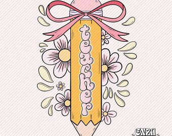 Teacher Pencil PNG, Pink Bow, Summer Coquette Design (Digital Download)