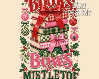 Books Bows Mistletoe Christmas Book Lover PNG (Digital Download)