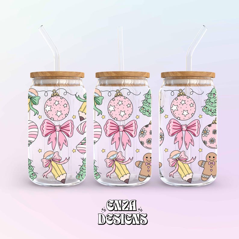 Christmas Teacher 16 oz Libbey Can Glass Wrap Png Digital Download, Holiday Libbey Can Wrap Png Uv Dtf designs, Pencil Bows Libbey Cup Png