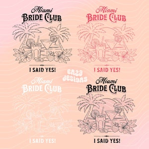 May include: Four variations of a black and white illustration of a tropical scene with palm trees, a sunset, cocktails, and flowers. The text "Miami Bride Club" and "I said yes!" are included in the design.