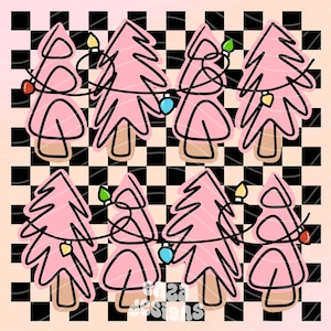 Pink Retro Christmas Trees with Lights Png, Checkered Trees Png, Christmas Png, Pink Christmas Tree Shirt Png Design, Christmas Sublimation