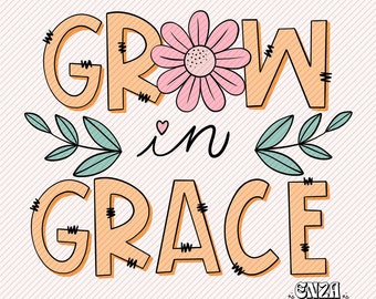 Puede incluir: Una flor rosa con un centro amarillo está sobre el texto "GROW in GRACE" en letras naranjas con costuras negras. El texto "ENZA DESIGNS" está en la esquina inferior derecha.