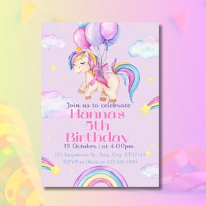 Puede incluir: Una invitación morada con una ilustración de acuarela de un unicornio con una crin y cola de arcoíris, volando con globos. El texto dice "Join us to celebrate Hanna's 5th Birthday 19 October at 4:00pm 123 Anywhere St., Any City, ST12345 RSVP to Olivia at -123-456-7890".