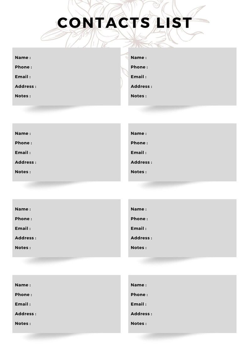 Printable Contacts List A4 Inserts, Emergency Contacts, Contact ...