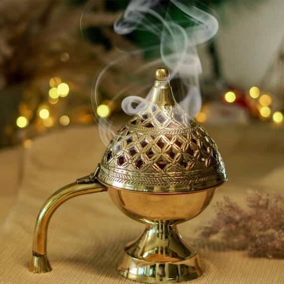 Vintage Loban Lamp Golden Brass Dhuni Havan Cup Holder Incense Burner