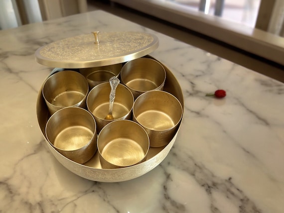 Pure Brass Handmade Spice Box Indian Style with Free spoon, Masala Dabba, Tea Box, Wedding gift, Kitchen Spice organizer