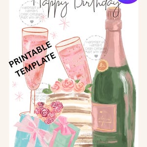 Festeggia con stile con un modello stampabile per un biglietto di auguri di compleanno con champagne rosa