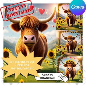 Brighten Your Space with Sunflower Highland Cow Instant Download