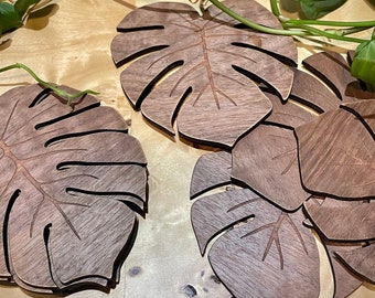 Monstera Leaf Coasters, Hardwood Walnut Tropical Coaters, Wooden Plant Decor, Gift For Her, Coastal Coaster For The Plant Lover