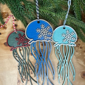 Wooden Jellyfish Ornament, Coastal Christmas Decor, Sea Life Tree Hanging