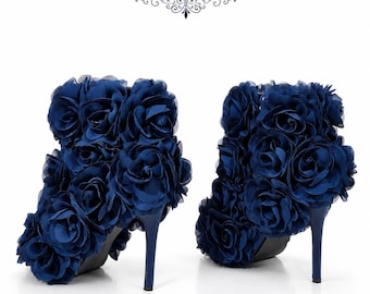 3D Floral 4" High Heel Elegant Ankle Boots Navy Blue Roses