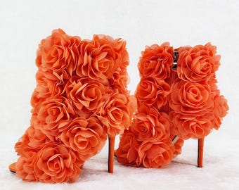 Beauty 3D Flowers Floral 4" High Heel Elegant Ankle Boots Orange
