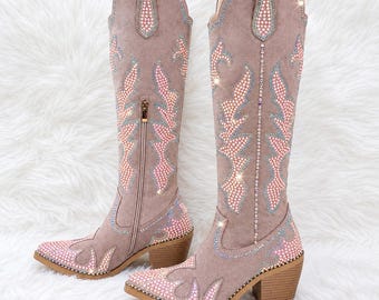 Sparks Country Western Cowgirl Knee Boots Dazzleing Iridescent Rhinestones Pink