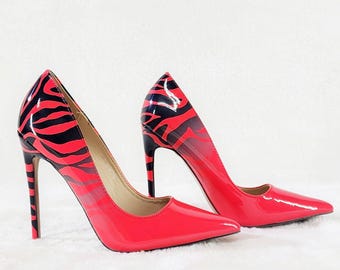 Wild Side Bright Animal Print Ombre Patent High Heel Stiletto Shoes Pumps Red