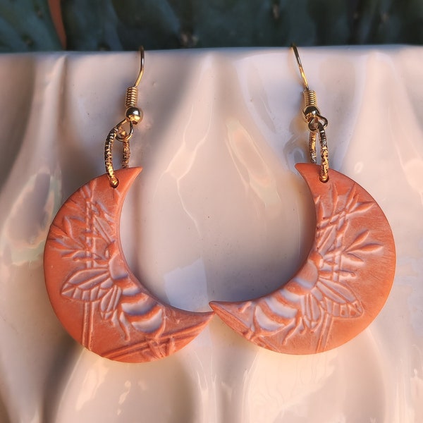 Terracotta 'Sweet Bee' Crescent Moon Dangles | Bee Stamp | Handmade Polymer Clay Earrings | Boho Earrings