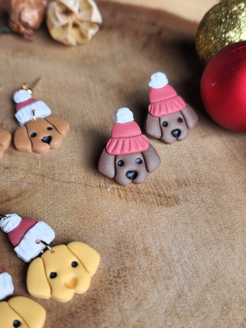 Beanie Pups Dog Earrings Christmas Handmade Polymer Clay Earrings Dark Chocolate