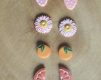 Floral + Orange Stud Pack | Boho Handmade, Lightweight, Hypoallergenic Polymer Clay Earrings