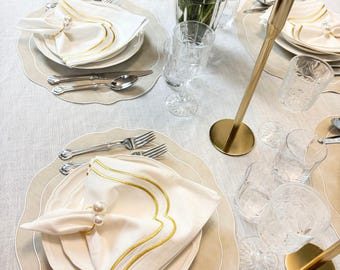 Luxury Embroidered Napkins – 20x20" Cotton-Linen Reusable Elegant Cloth Napkins for Christmas, Wedding, Holidays, Gift- Set of 4, Ivory Gold