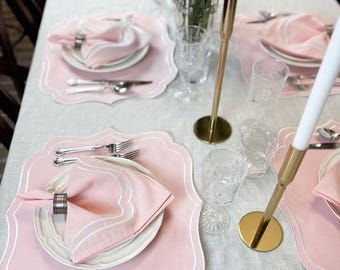 Luxury Embroidered Linen Napkins – 20x20" Cotton-Linen Reusable Elegant Cloth Napkins for Weddings, Holidays & Dining, Set of 4, Light Pink