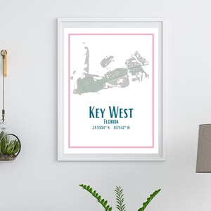 Gepersonaliseerde aangepaste stadskaart decoratieve poster print - Key West of uw stad - ongekaderd - roze, wit, turkoois