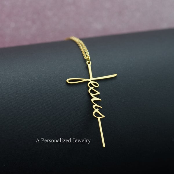 JESUS Cross Necklace, Women's Christian Necklace, Women's Gift, Christian Gift, Religious Necklace, Silver Jesus Necklace, Christmas Gift