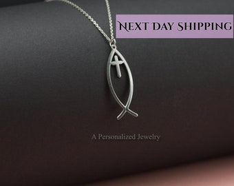 Ichthus Necklace, Sterling Silver Jesus Fish Symbol with Cross Pendant, Necklace, Ichthus Fish, Christian Ichthus Pendant, Gift for all..