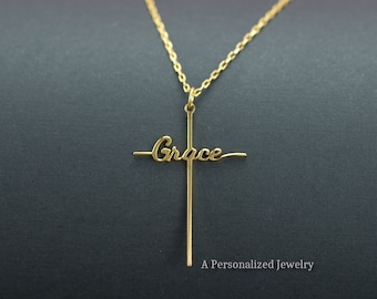 Collana con croce della grazia, gioielli religiosi della grazia, collana in oro 14 carati, collana in argento sterling, regalo cristiano per le donne, regalo di Natale