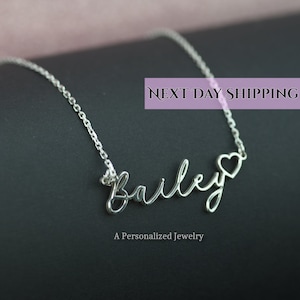 Signature Necklace with Heart, Custom Gold or Sterling Silver Signature Necklace, Dainty Tiny Name Jewelry, Gift For Her, Bridesmaids Gift