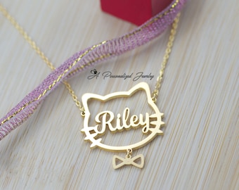 Cute Kitty Necklace, Kitty Cat Name Pendant, Kitty Pendant, Custom Name Necklace, Sterling Silver, Gifts For Kids, Cat Lovers