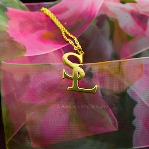 May include: A gold necklace with a large, stylized letter 'S' pendant. The pendant is on a pink and green fabric background.