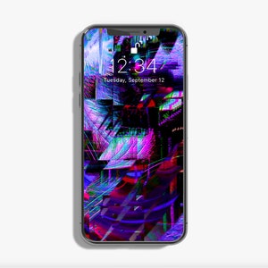 May include: A smartphone with a glitchy, abstract digital art wallpaper. The time is 12:34 and the date is Tuesday, September 12.