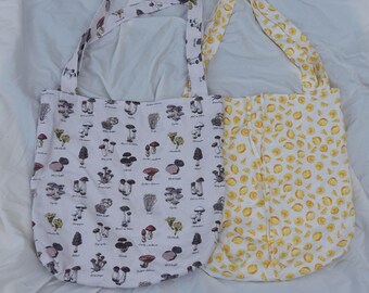 Handmade Large Cotton Tote Bag Mushroom Prints, Lemon Prints