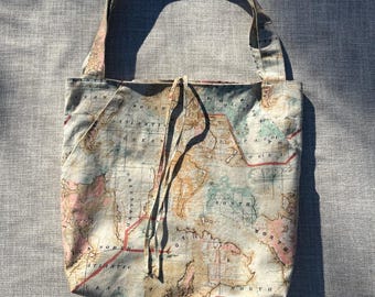 Cotton Handmade Map Pattern Pocket Tote Bag Eco-Friendly