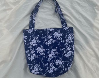 Floral Themed Blue Handmade Cotton Tote Bag Lined