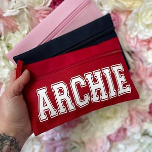 Personalised Pencil Case With Any Name in White Vinyl Customised Bags Kids Preschool Nursery Travel Rucksack Back to School