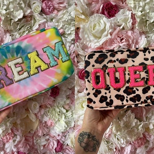 Custom Patch Nylon Pouch Leopard Print Tie Dye Cosmetic Toiletry Bag Chenille Make Up Bag Travel Bag Snacks Gift For Her Stuff Personalised