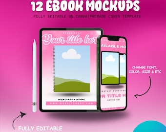 May include: Mockup templates for creating ebook covers. The image shows a tablet and a phone with a green and blue landscape design. The text on the tablet reads "Your title here" and "Available Now!" The text on the phone reads "Available Now!" and "Your Title Here".