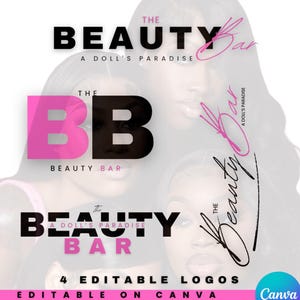 May include: Four editable logos for a beauty bar, with the text "The Beauty Bar, A Doll's Paradise" in pink and black lettering. The logos feature different styles, including a handwritten script and a bold, blocky font.